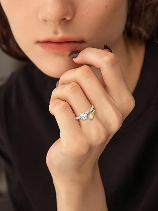 FWM Round Cut Moissanite Simple Open Rings for Women, Adjustable Ring, Solid Sterling Silver With Gold Plated, Stackable Wedding Band, Anniversary Valentines Mothers Day Christmas Gift