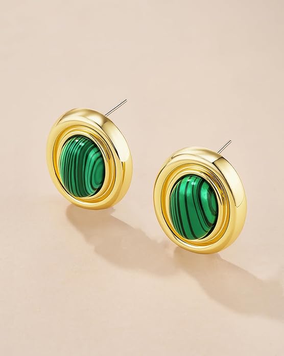 18K gold plated Medium Oval Button Chunky Statement Earrings for Women by SNGIA, (Turquoise, Carnelian, Aventurine, Amethyst, Malachite, Cat Eye, White, Cream) Bold Handmade Colored (Red, Blue, Green, White, Cream, Purple) Exaggerated Dome Retro Rounde...