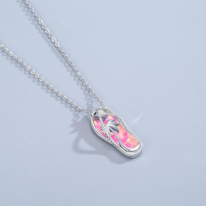 Midir&Etain Ocean Necklace 925 Sterling Silver Blue Opal Necklace Starfish/Flip Flop/Shark Pendant Beach Ocean Jewelry for Women