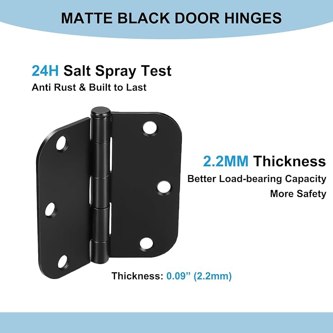 KNOBWELL Door Hinges Matte Black, 3.5" x 3.5" Interior Door Hinges, 5 Pack | - Image 4