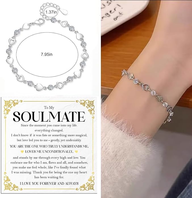 To My Soulmate Bracelet for Women, Heart Chain Bracelet with Shiny Stones, Perfect Birthday or Anniversary Christmas Gift for Soulmate with Message Card and Gift Box