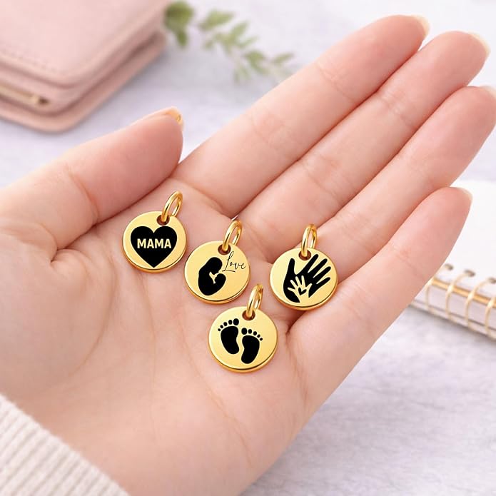 SM Design Pregnancy & New Baby Charm Set – Set of 4 Meaningful Stainless Steel Charms – Great for Crafting, Making Bracelets and Necklaces - Meaningful Keepsake Charms for Expecting & New Moms