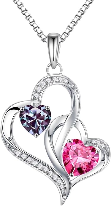 Iefil Valentines Day Gifts for Her - 925 Sterling Silver Double Birthstone Necklace, Heart Necklaces for Women, Anniversary Birthday Gifts, Personalized Jewelry Gift for Wife Mom Girlfriend