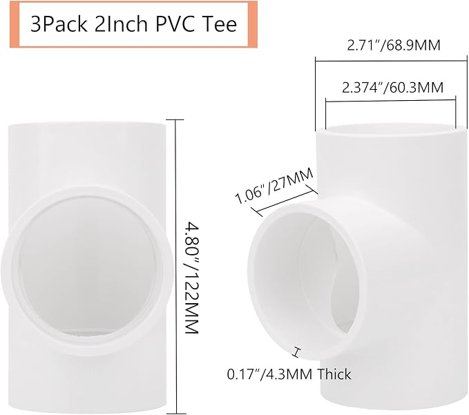 3Pack 3 Way 2" PVC Tee Pipe Fittings Adapter Furniture Grade SCH40 2 Inch PVC - Image 2