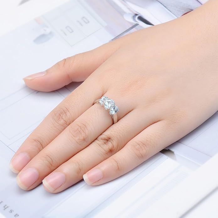 Natural Aquamarine Rings for Women S925 Sterling Silver Real Gemstone March Birthstone Simple Promise Ring Elegant Style Fine Jewelry for Birthday