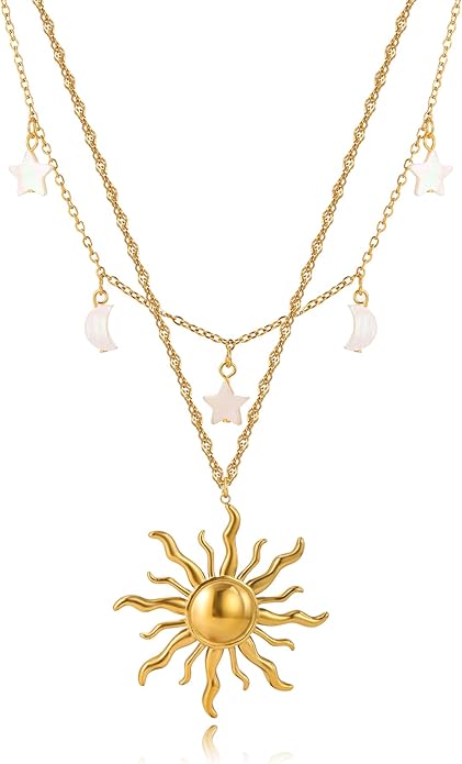 Gold Necklace for Women, Dainty 14K Gold Plated Layered Sun Pendant Necklace Gold Charm Chocker Jewelry Gift for Her