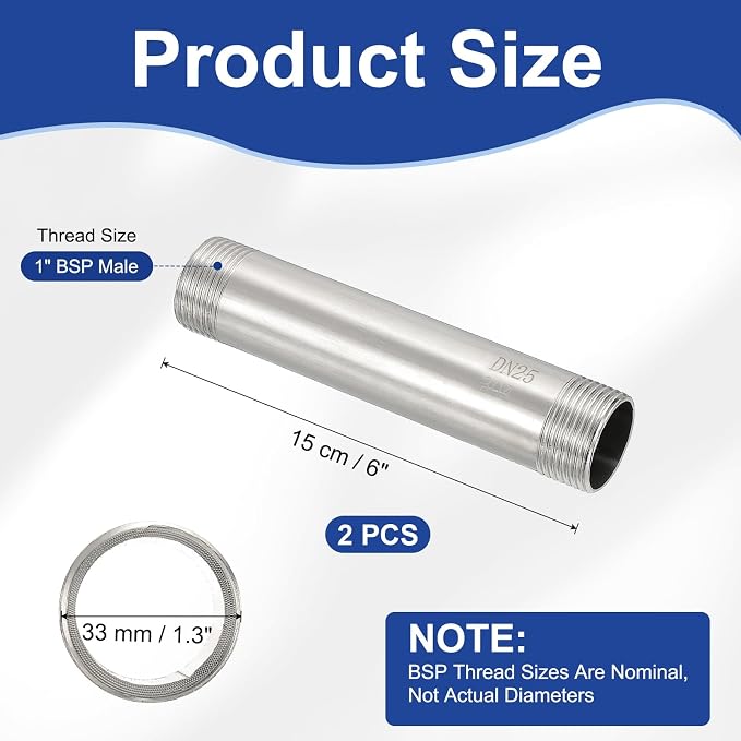 PATIKIL 304 Stainless Steel Pipe Fitting, 2 Pack 1" BSP Male x 1" BSP Male - Image 2