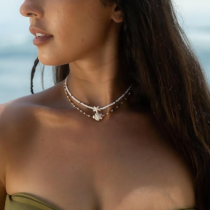 Women's Shell Starfish Boho Layered Beaded Necklace Choker for Summer Beach Vacation Gifts for Birthday/Anniversary/Christmas