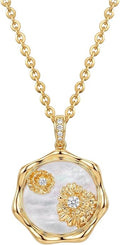 MEVECCO Birth Flower Necklace For Women 18k Gold Plated Mother Of Pearl Disc Floral Pendant Necklace Dainty 12 Birth Month Flower Handmade Personalized Jewelry Anniversary Christmas Birthday Gifts