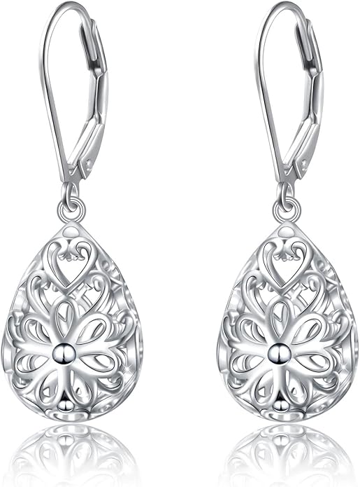 925 Sterling Silver Filigree Dangle Drop Earrings Daisy/Lotus/Rose Flower/Moonstone Leverback Teardrop Earrings for Women Infinity Celtic Knot Daisy Lotus Jewelry for Mothers Day