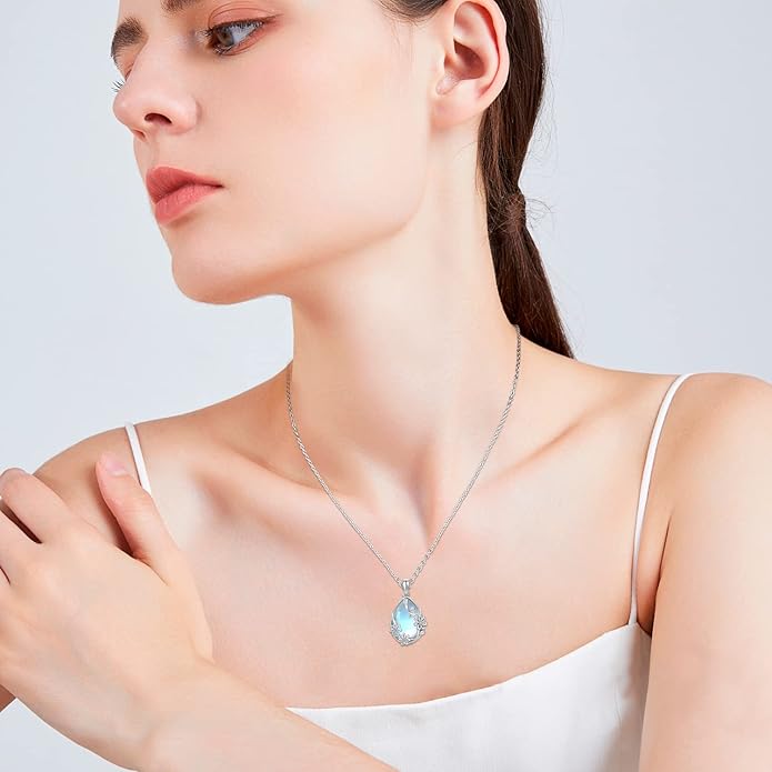 JUSTKIDSTOY Moonstone Necklace 925 Sterling Silver Teardrop Pendant Necklace Jewelry Gifts for Women Girls