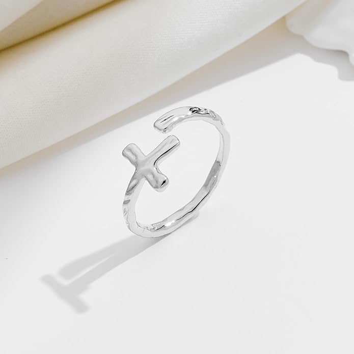 Cross Ring for Women 14 Gold Plated Hammered Texture Open Ring Size Adjustable Dainty Faith Christian Jewelry Gifts