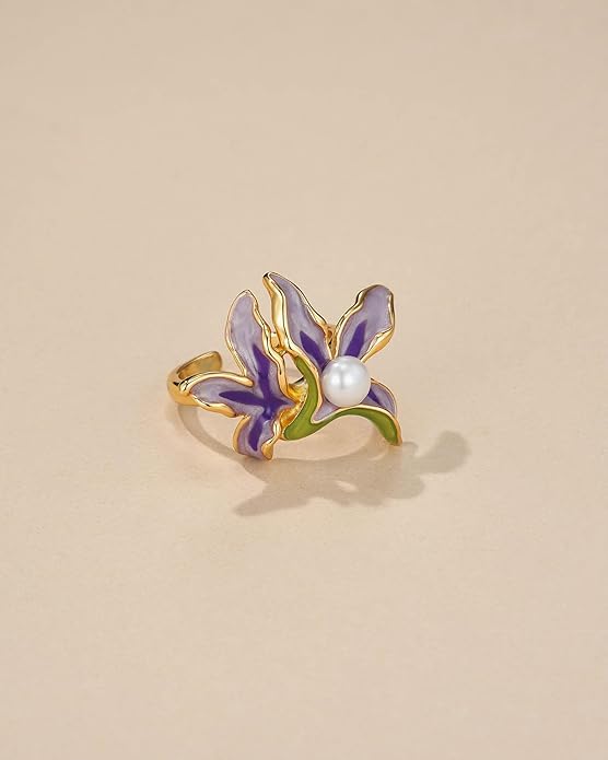 Gold Rose Pink Enamel Floral CZ FULLY ADJUSTABLE Statement Open Ring for Women by SNGIA, Daisy Orchid Flower Leaf Summer Beach Handmade Unique Pinky Band, Chunky Sunflower Stackable Cute Cuff Cocktail Ring Birthday Gift, Natural Bold Exaggerated Irregu...