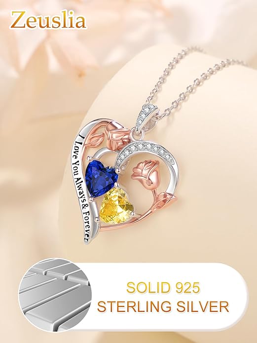 Valentine's Day Gifts for Wife 925 Sterling Silver Double Birthstone Pendant Necklaces I Love You for Always and Forever Necklace Anniversary Birthday Gifts for Wife Girlfriend Mom Her