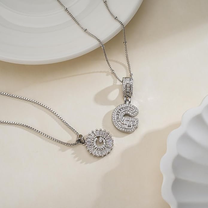 Initial Letter Necklace for Women 14k White Gold Silver Plated Dainty Necklaces Trendy Chunky Custom Layered Necklace Set Personalized Round Circle Zirconia A-Z Letter Chain Pendant Jewelry Gift
