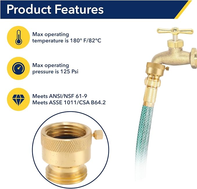Brass Hose Bib Backflow Preventer 3/4 "FHT x 3/4" MHT, Garden Hose Bib - Image 3