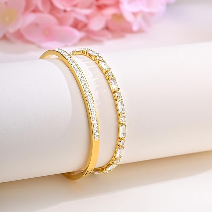Stackable Gold Bracelets for Women - 2Pcs 18K Gold Plated Cubic Zirconia Bangle Bracelet Friendship Tennis Bracelet Stack Jewelry,Party Christmas Birthday Gifts for Her Girlfriend Sister Wife Daughter