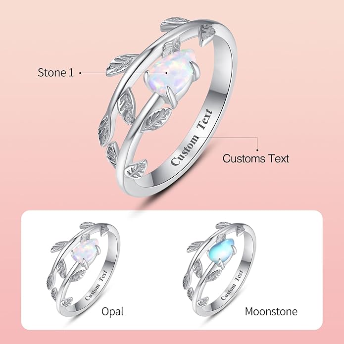 PRAYMOS 925 Sterling Silver Leaf Ring White Opal Moonstone Rings Adjustable Open Ring for Women with Jewelry Box Size 7-9