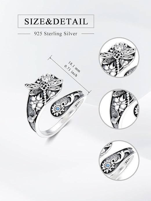 Midari Sun and Moon/Bee/Celtic/Life of Tree/Lotus Spoon Ring for Women 925 Sterling Silver Adjustable Ring Open Ring for Women Men Halloween Birthday Gift