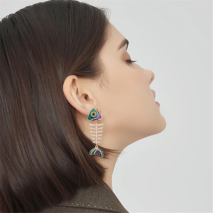 Creative Exaggerated Long Colorful Sparkly Crystal Fish Bone Dangle Drop Earrings Vintage Gold Cute Enamel Diamond Animal metal Stud Earrings