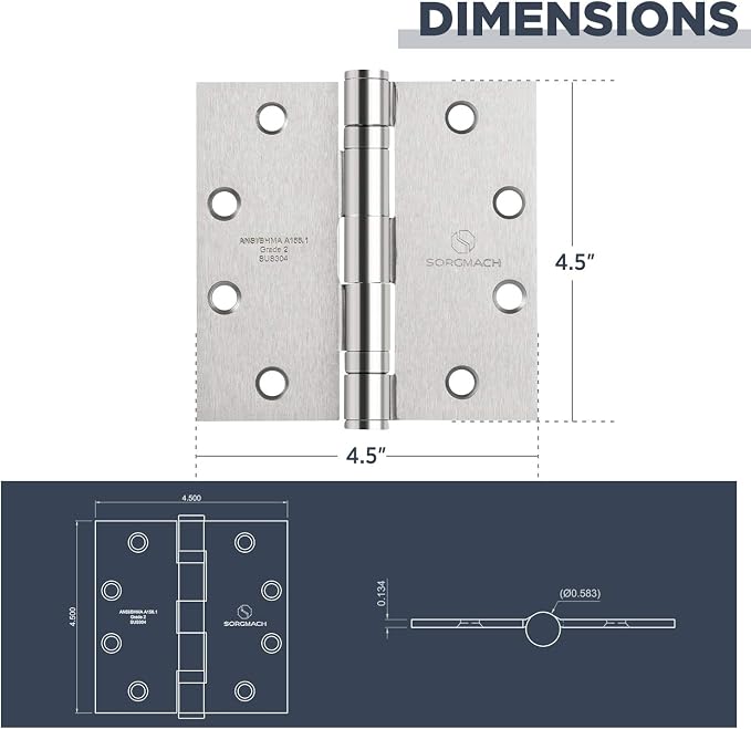 304 Stainless Steel 4.5 Inch Commercial Hinges Brushed Satin Nickel Ball - Image 4