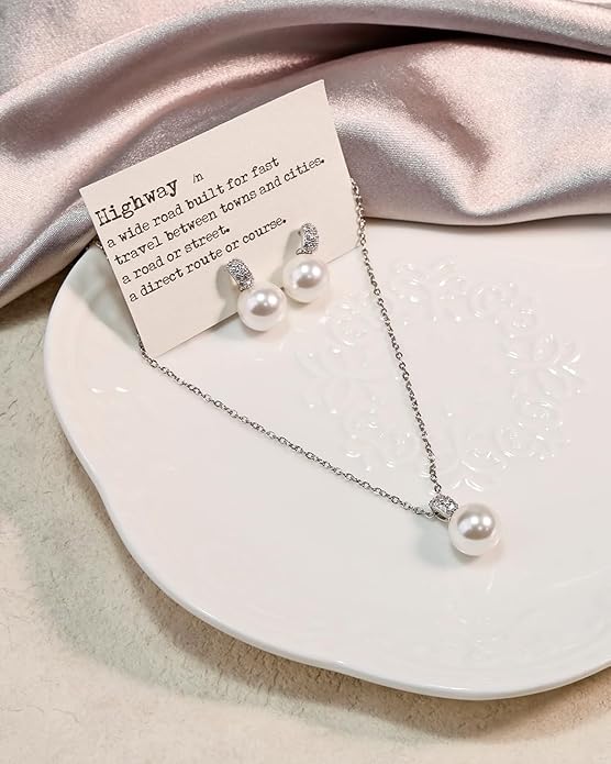 Classic Pearl Jewelry Set for Women – Elegant Pearl Necklace and Earrings Set with 14K Gold Plated Silver Chain Jewelry Perfect as Special Occasion Gift