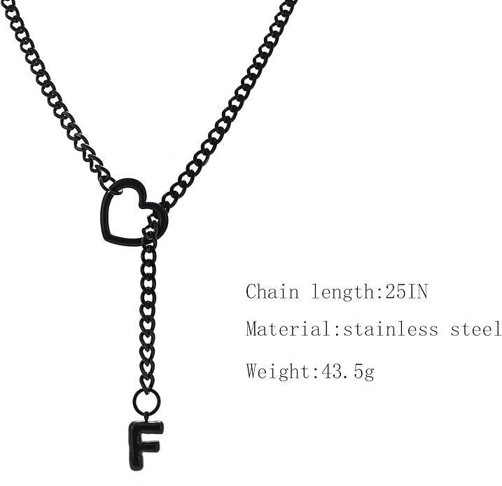 Black Heart Slip Chain Initial Necklaces for Women,Stainless Steel O-Ring Adjustable Lariat Heart Y-Necklace,Punk Gothic Cuban Collar Choker Necklace for women