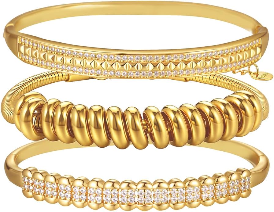 hotoo Gold Stackable Bangle Bracelets For Women 18K Gold Plated Beads Chain Bracelets Stainless Steel Bangle Bracelets Set Cubic Zirconia For Birthday Christmas Trendy Jewelry Gifts,3PCS