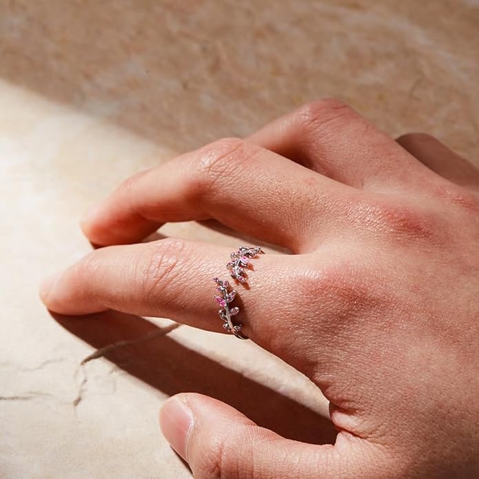 Adjustable S925 Sterling Silver Ring for Women,Branch Leaves Band Stacking Finger Ring,Paved Cubic Zirconia Stone Stackable Open Ring