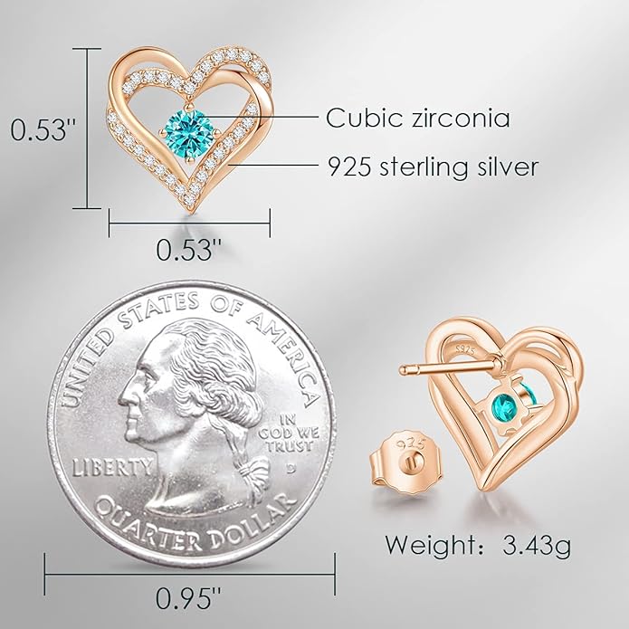 CDE Forever Love Heart Stud Earrings for Women, 925 Sterling Silver Birthstone Heart Stud Earrings Christmas Day Mother's Day Gift Anniversary Birthday Jewelry Gifts for Women Wife Her