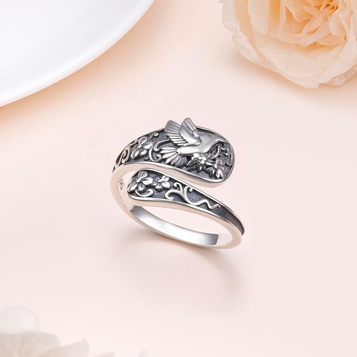 925 Sterling Silver Hummingbird/Sunflower Turquoise/Moonstone/Lily of the Valley Flower Spoon Ring Adjustable Open Ring Statement Thumb Ring Jewelry for Women
