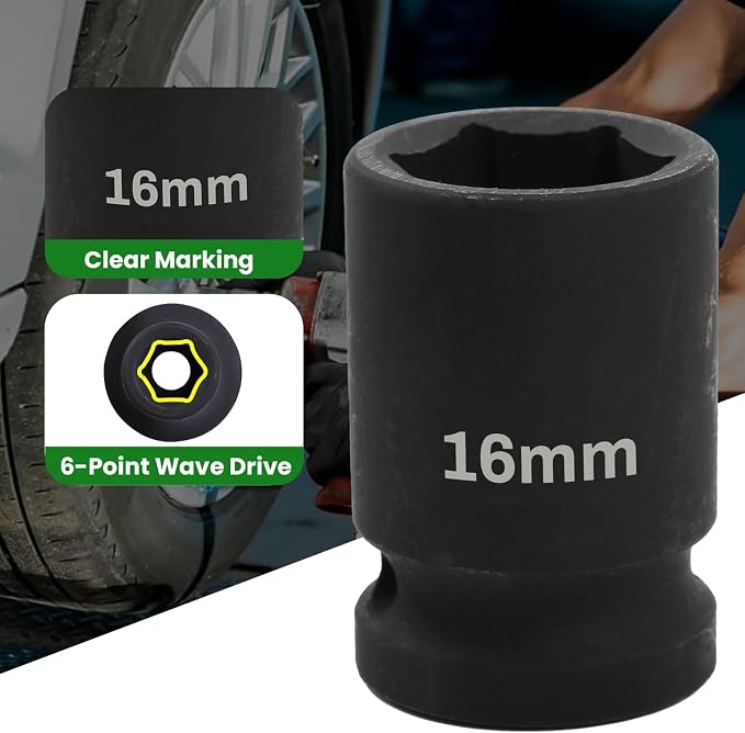 1/2" Drive 16mm Deep Impact Socket, 6 Point Chrome Molybdenum Steel Heavy Duty - Image 3