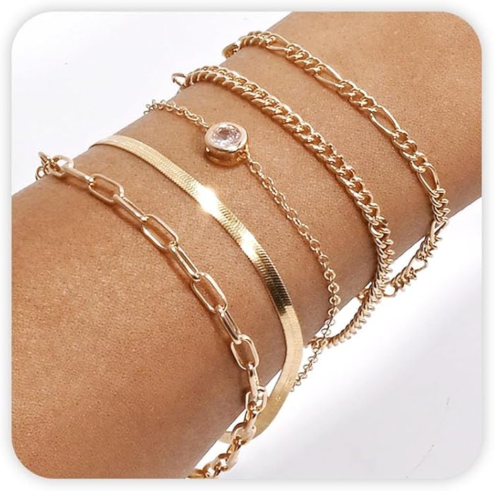 VIBILIA Dainty Gold Chain Bracelet for Women Trendy Stackable Adjustable Layered Metal Bracelet Gold Plated Twist Link Figaro Chain Paperclip Bracelets Fashion Jewelry