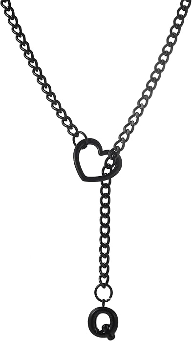 Black Heart Slip Chain Initial Necklaces for Women,Stainless Steel O-Ring Adjustable Lariat Heart Y-Necklace,Punk Gothic Cuban Collar Choker Necklace for women