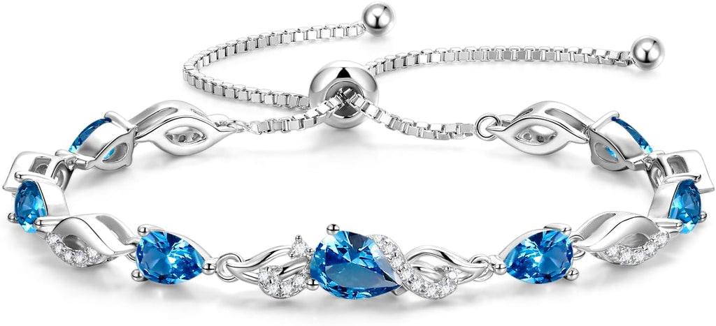 FANCIME Birthstone Teardrop Tennis Bracelet for Women, Sterling Silver 9x7mm main Gemstone Bolo Adjustable Chain Bracelet Fine Jewelry Birthday Gifts for Women Mom Wife Her