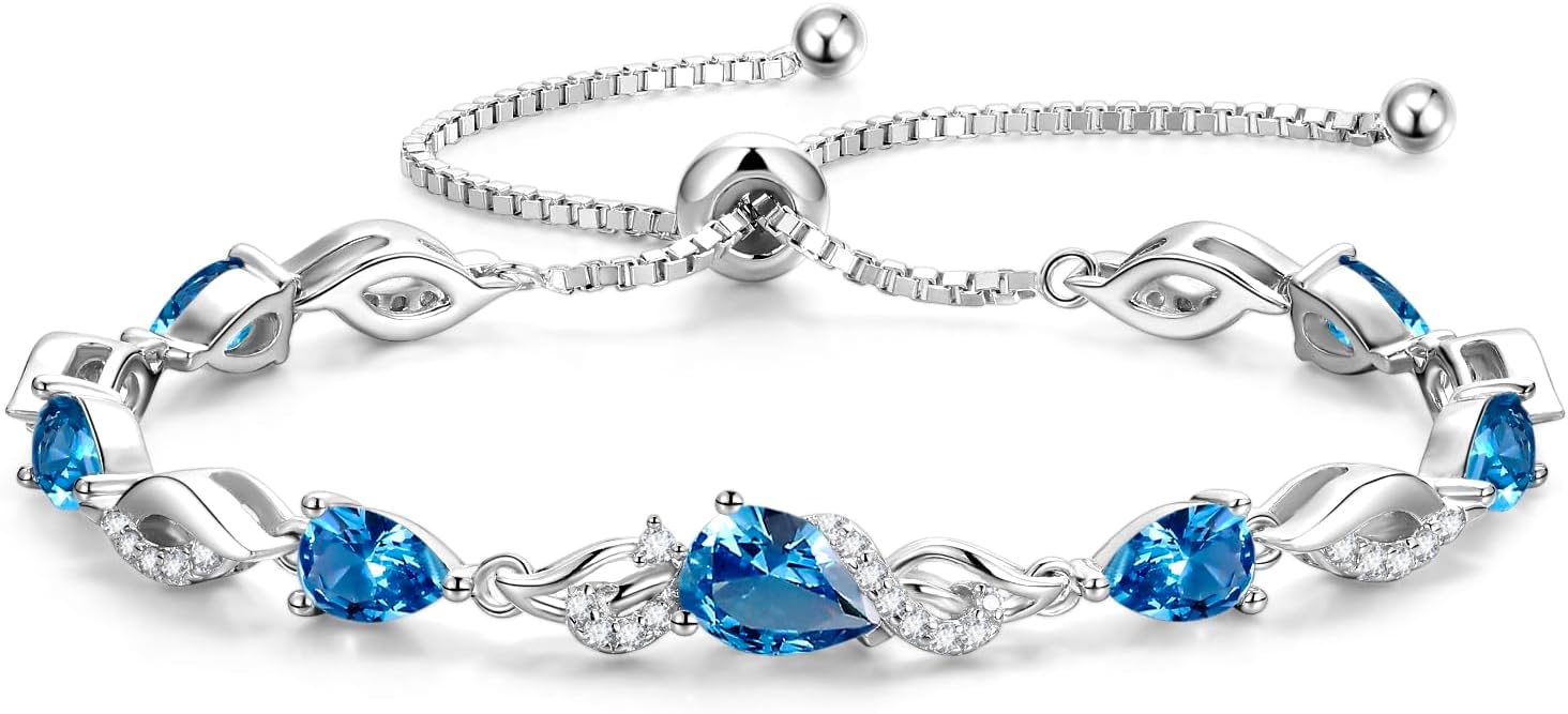FANCIME Birthstone Teardrop Tennis Bracelet for Women, Sterling Silver 9x7mm main Gemstone Bolo Adjustable Chain Bracelet Fine Jewelry Birthday Gifts for Women Mom Wife Her
