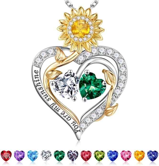 Iefil Valentines Day Gifts for Her - 925 Sterling Silver Sunflower Double Birthstone Necklace for Women, Anniversary Birthday Gifts for Wife, You Are My Sunshine Necklaces, Jewelry for Wife Mom