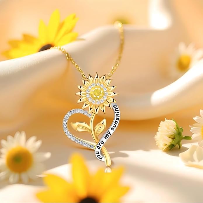 Valentine's Day Gift for Her-18k Gold Plated Sunflower Necklace for Women Wife Anniversary Birthday Gifts for Wife Her You Are My Sunshine Pendant Necklaces Gold Jewelry Gifts for Girlfriend Mom