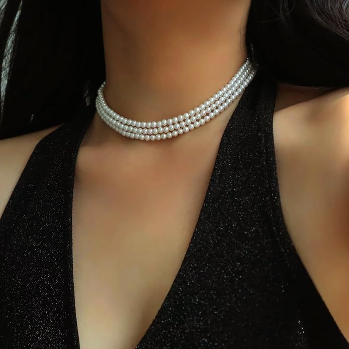 Zeffy Pearl Necklace 4MM/6MM/8MM Dainty Round Imitation Pearl Choker Necklace Wedding Pearl Necklace Delicate Jewelry for Women Simple Bridesmaid Jewelry Gifts