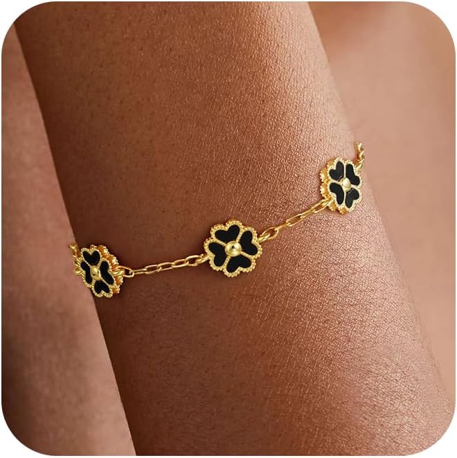 14K Gold Plated Clover Bracelets for Women Flower Four Leaf Link Bracelets Trendy Jewelry Gifts for Women