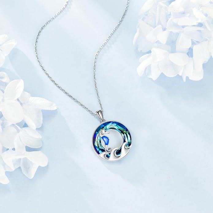 TOUPOP Sea Turtle/Mermaid/Dolphin/Shell/Starfish/Conch/Seahorse Necklace for Women Sterling Silver Ocean Pendant Necklace with Crystal Ocean Beach Charm Jewelry Birthday Christmas Gifts