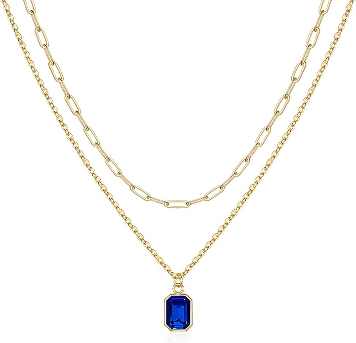 Layered Birthstone Necklace for Women Girls, 14K Gold-Plated Paperclip Chain Choker Necklace with Rectangle Birthstone Pendant Birthday Gifts for Women Girls Dainty Small