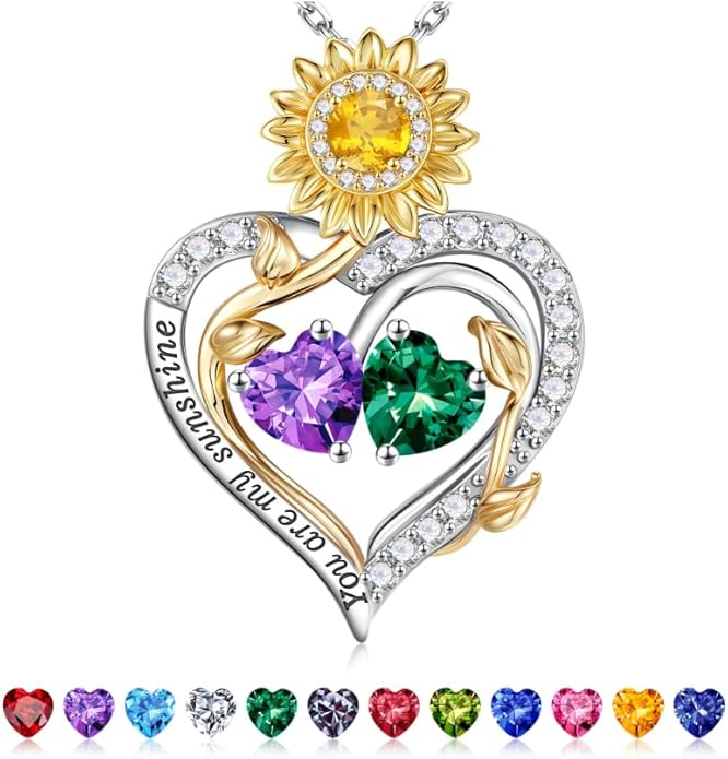 Iefil Valentines Day Gifts for Her - 925 Sterling Silver Sunflower Double Birthstone Necklace for Women, Anniversary Birthday Gifts for Wife, You Are My Sunshine Necklaces, Jewelry for Wife Mom