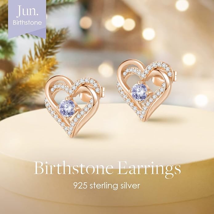 CDE Forever Love Heart Stud Earrings for Women, 925 Sterling Silver Birthstone Heart Stud Earrings Christmas Day Mother's Day Gift Anniversary Birthday Jewelry Gifts for Women Wife Her