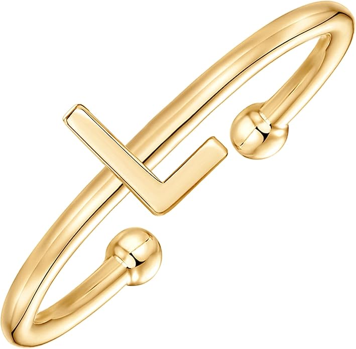 PAVOI 14K Gold Plated Initial Letter Adjustable Ring for Women - Thin Initial Band - Dainty Fashion Jewelry Gifts