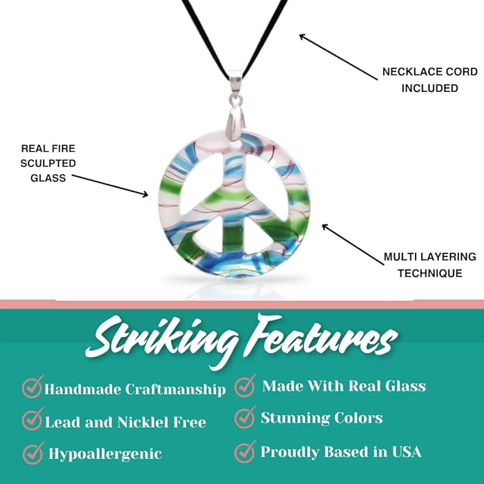 BESHEEK Murano Inspired Peace Sign Blown Glass Lampwork Art Pendant Necklace for Women Handcrafted Artisan Hypoallergenic Italian Style Jewelry