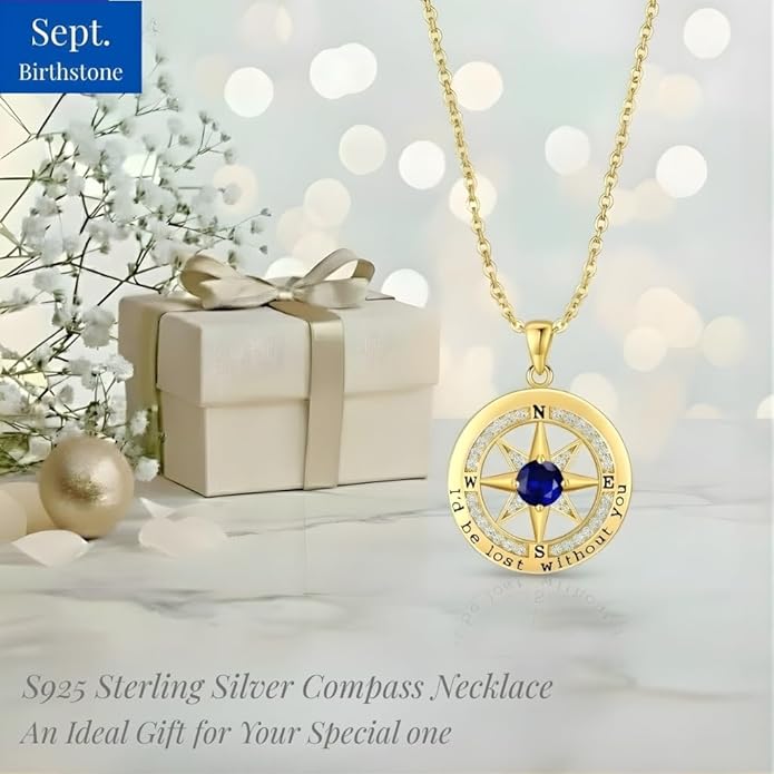 Compass Necklace for Women Wife Girlfriend Mom Daughter Gifts S925 Sterling Silver Jewelry For Anniversary Rose Gold Gifts For Birthday Christmas Mothers Valentines Day 12 Birthstones