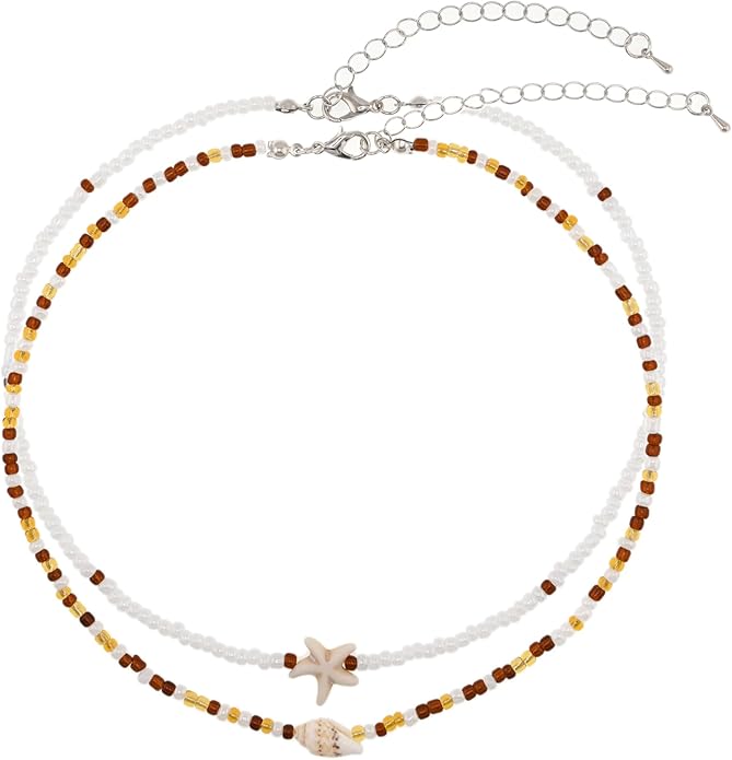Women's Shell Starfish Boho Layered Beaded Necklace Choker for Summer Beach Vacation Gifts for Birthday/Anniversary/Christmas
