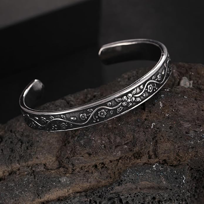 YWMAN Vintage Floral Cuff Bracelet, Stainless Steel Flower Bangle Bracelets for Women