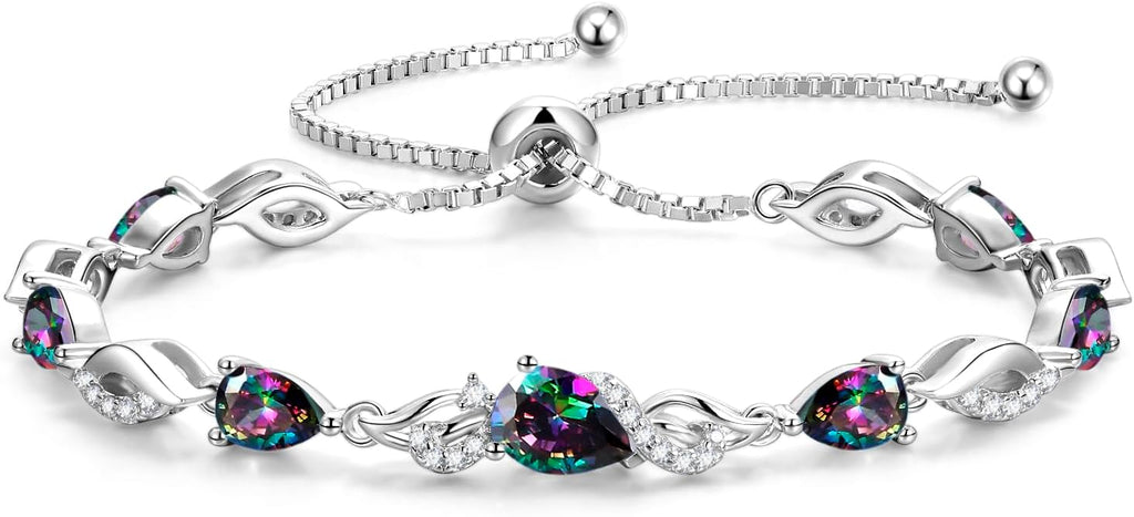 FANCIME Birthstone Teardrop Tennis Bracelet for Women, Sterling Silver 9x7mm main Gemstone Bolo Adjustable Chain Bracelet Fine Jewelry Birthday Gifts for Women Mom Wife Her